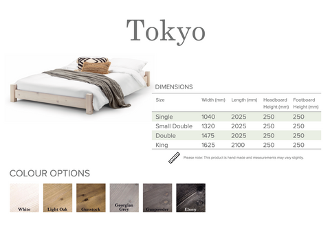 table showing dimensions of tokyo bed frame