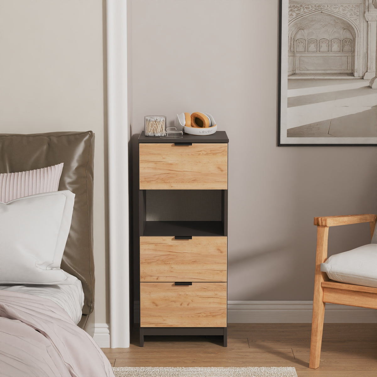 Bora 3 Drawer Bedside Cabinet with Open Shelf