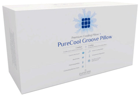 Box of PureCool Groove Pillow with branding and product details on a white background